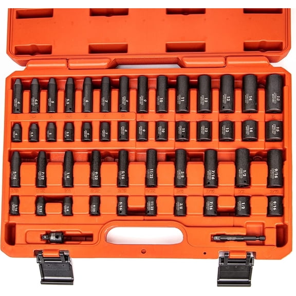 NEIKO 02436A 1/4 Drive Impact Socket Set 50 Piece Metric & Standard, Deep & Shallow Chrome Vanadium Steel 3/8” to 1/4” Reducer Hex Shank Adapter, 1/4 Socket Set Metric and Standard, Deep Socket Set