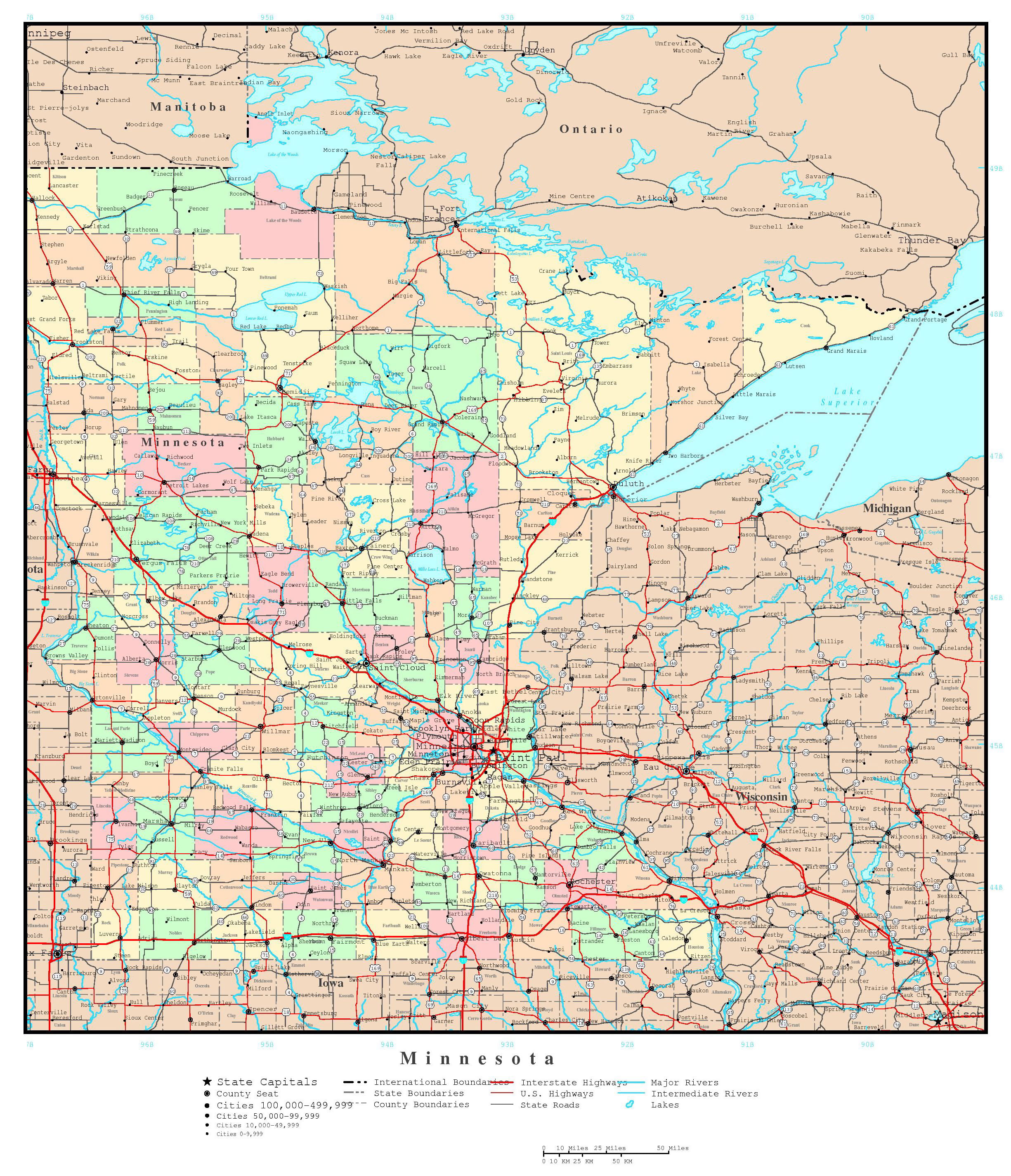 Laminated Map - Large detailed administrative map of Minnesota state
