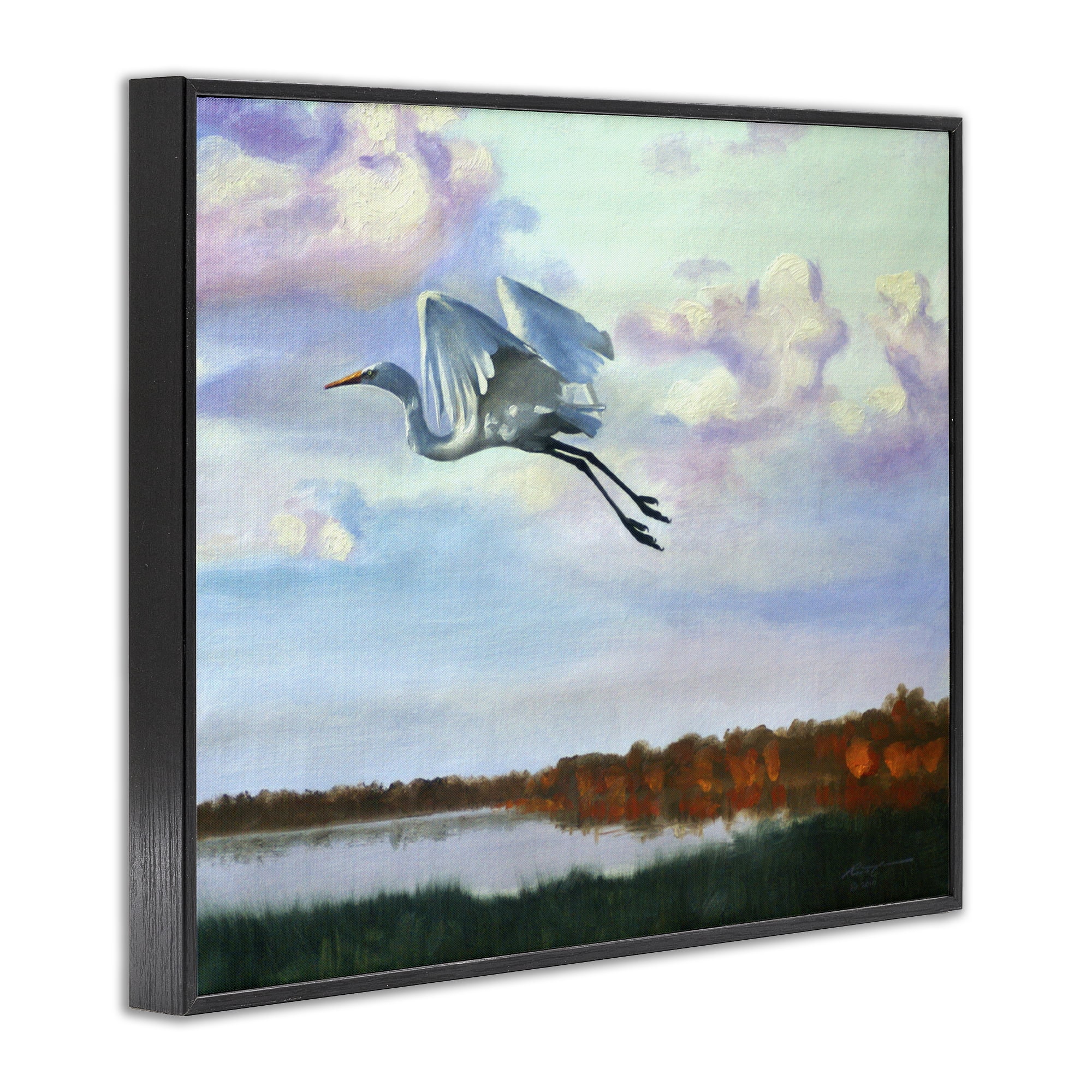 Stupell Industries Egret Over Lake Shore Landscape Painting Black Framed Art Print Wall Art, 30 x 24