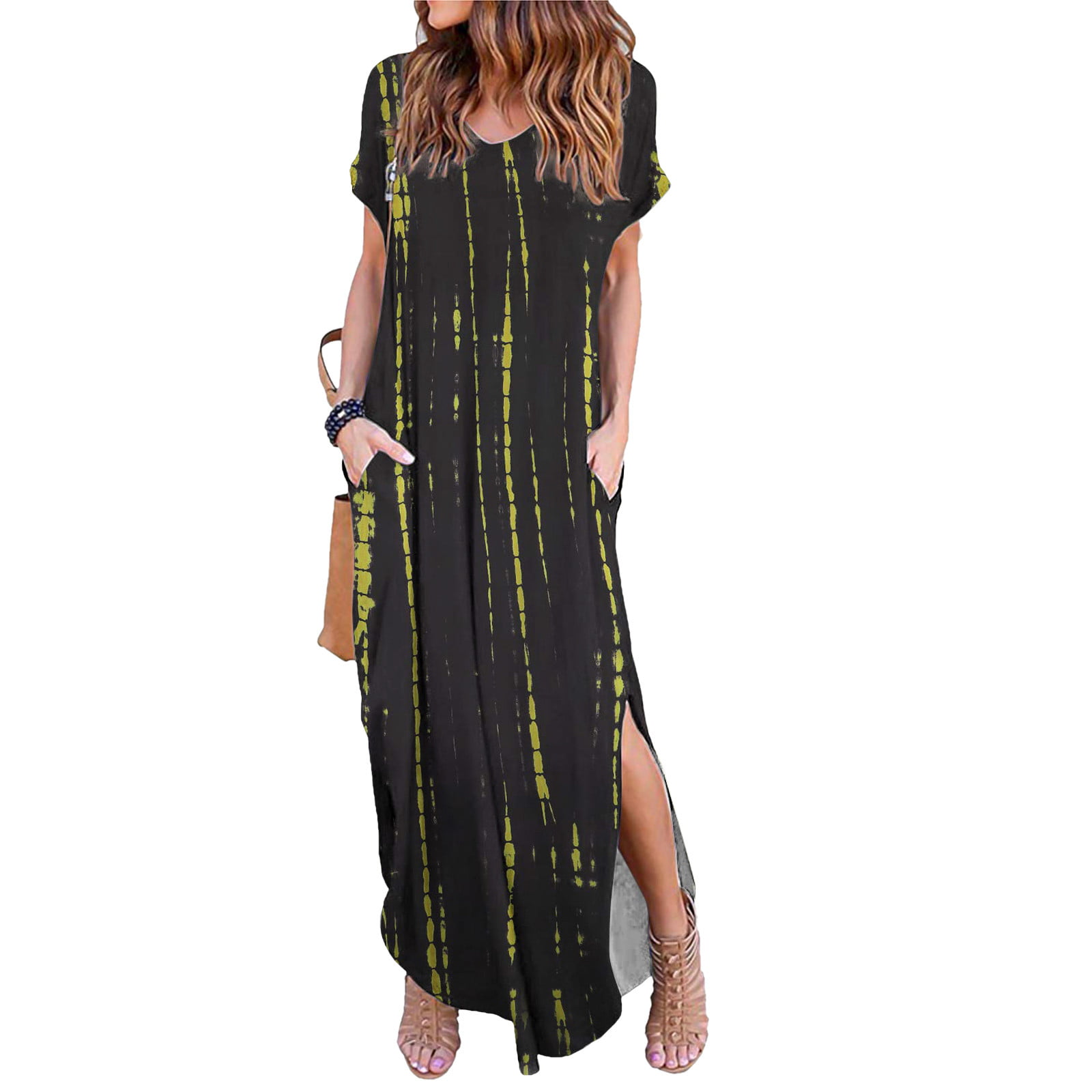 Shakumy Womens Casual Summer Plus Size V Neck Long Maxi Dress with Pocket Spaghetti Strap Casual Holiday Beach Sun Dresses 