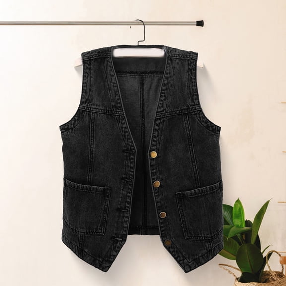 Joernso Women Denim Vest with Pockets Sleeveless Buton-down Loose Solid Color Cardigan V Neck Urban Style Waistcoat for Outdoor Travel Commuting