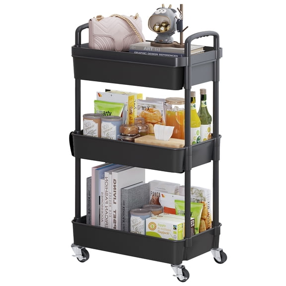 HIOHA 3-Tier Rolling Utility Cart, Slim Plastic Storage Organizer with Handle & Locking Wheels, Multipurpose Cart for Kitchen Bathroom Office
