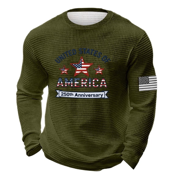 250th Anniversary USA Shirt Men Waffle Long Sleeve Tops American Flag Print Crew Neck Sweatshirt Patriotic Fourth of July Outfit