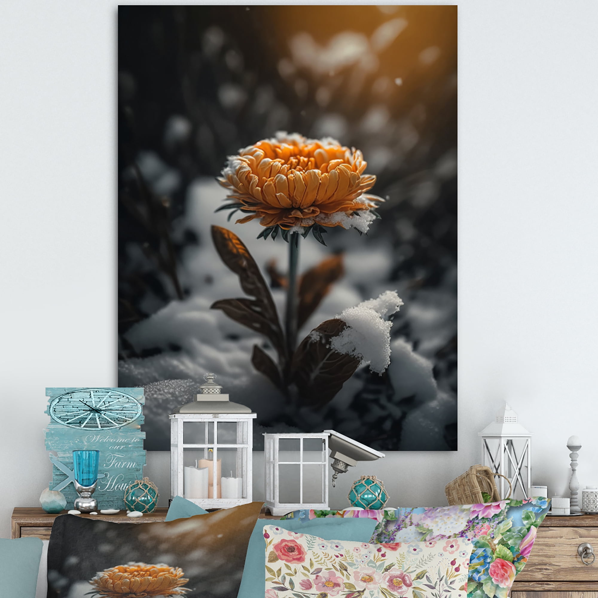 Designart A Blooming Orange Marigold Flower In Winter III Canvas Wall Art