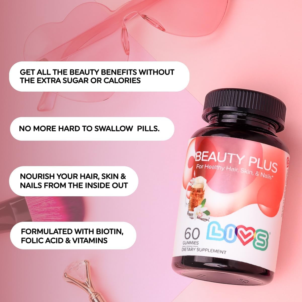 LIVS Beauty Plus Gummies Biotin - Collagen Multivitamin for healthy hair, skin, and nails 60 Gummies