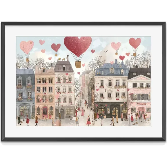 Valentine'S Day Village Painting, Retro Wall Art Home Decor, Matte Canvas Stretched, Posters for Room Bedroom Living Room Bathroom Wall Decor, Posters & Art Prints, Gift.