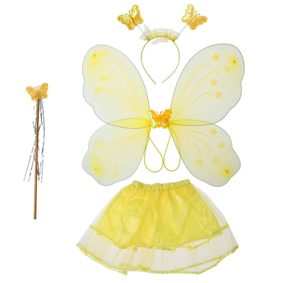 Conjunto de 4 piezas de disfraz para niña: falda tutú con alas, diadema y disfraz de hada para fiesta (amarillo)