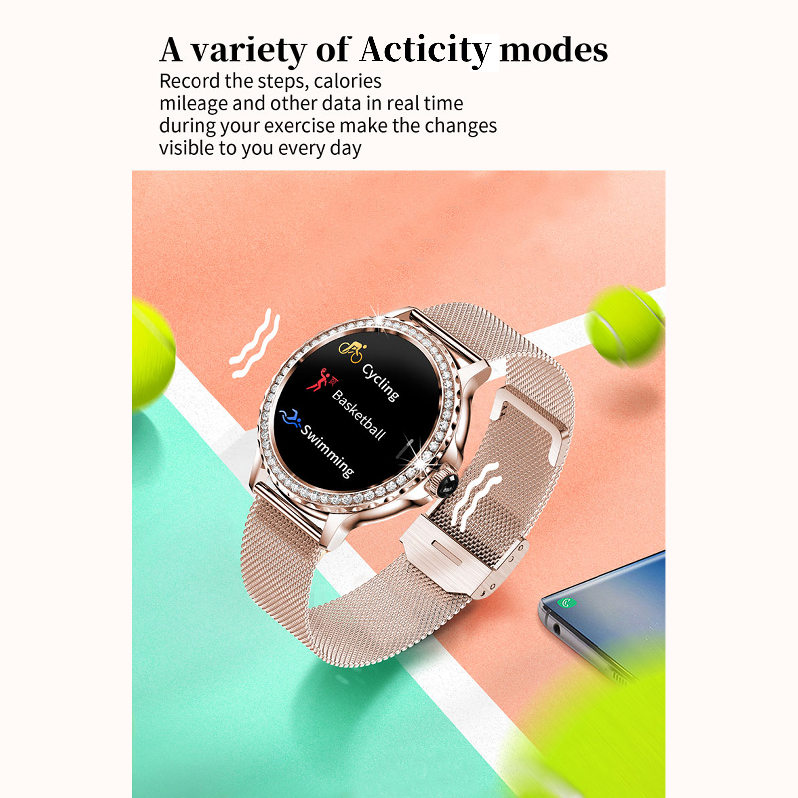 AMOLEDMingdaln 42mm Smart Watch for Women, fits for Android and Iphone Devices,with IP68 Waterproof/150+ Sport Modesperfect gift2 strapsGold