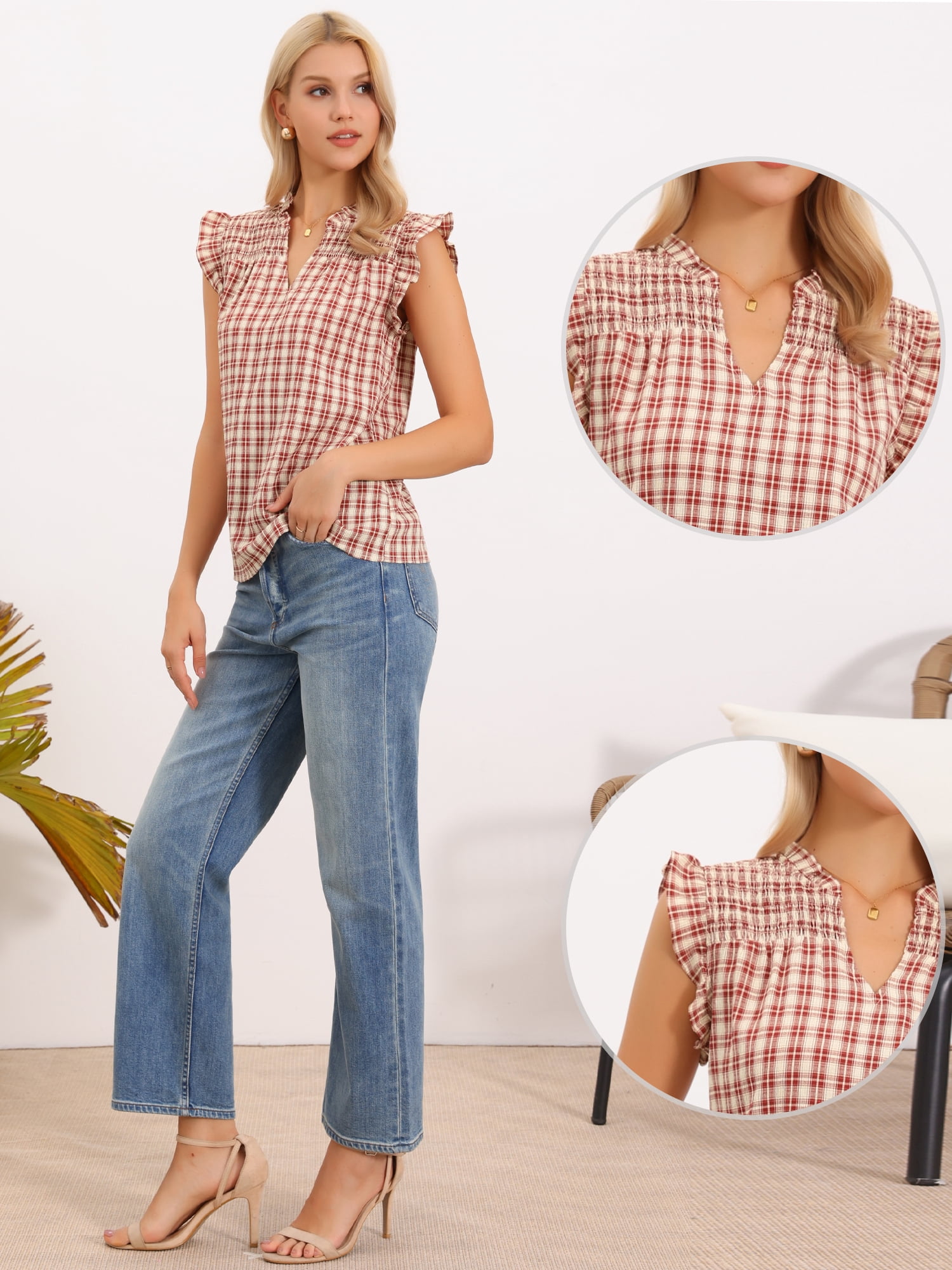 DARING DIVA Women's Gingham Top Summer Ruffle Cap Sleeve V Neck Plaid Cute Shirts L Red