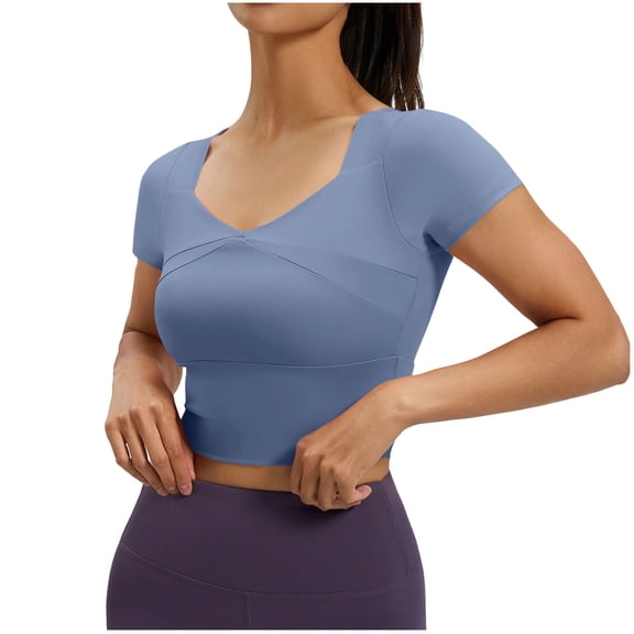 YUGYXL Workout Tops for Women Short Sleeve Fitted Crew Neck Yoga Sports Compression T-Shirts Breathable Shirt Blue Tops XL