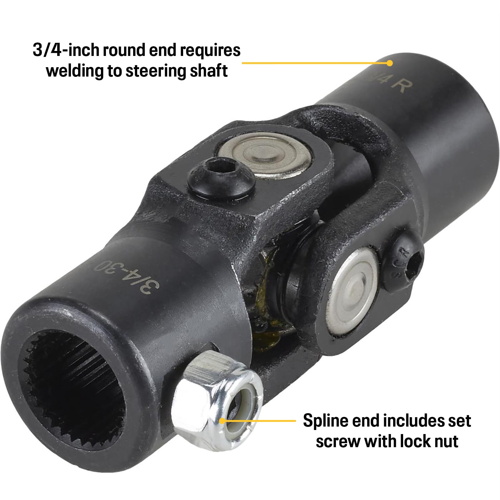 Speedway Motors Small GM Power Steering U-Joint, 1978-Up 3/4-30 Spline to 3/4 Round Forged Steel Steering Shaft Coupler with Black Oxide Finish