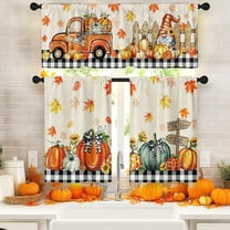 Mloabuc Fall Buffalo Plaid Kitchen Window Curtains and Valances Set 36 Inch, Pumpkins Truck Gnomes Leaves Vintage Short Tier Curtain for Cafe Living Room Bathroom, Autumn 3 Pieces Set Kitchen Decor