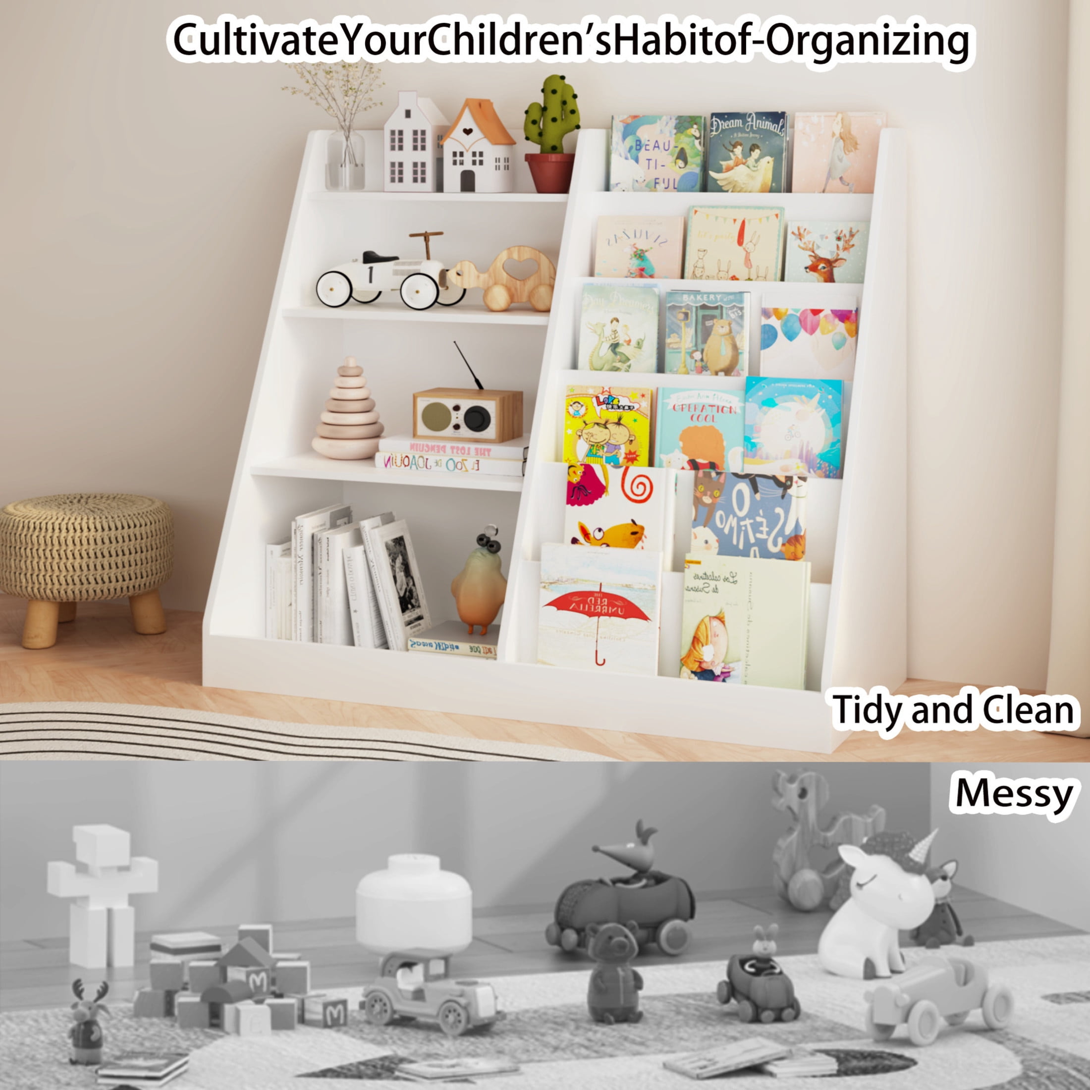 Noble House Kids Bookshelf and Toy Storage Organizer, 4-Tier Wooden Bookcase for Nursery, Playroom, White