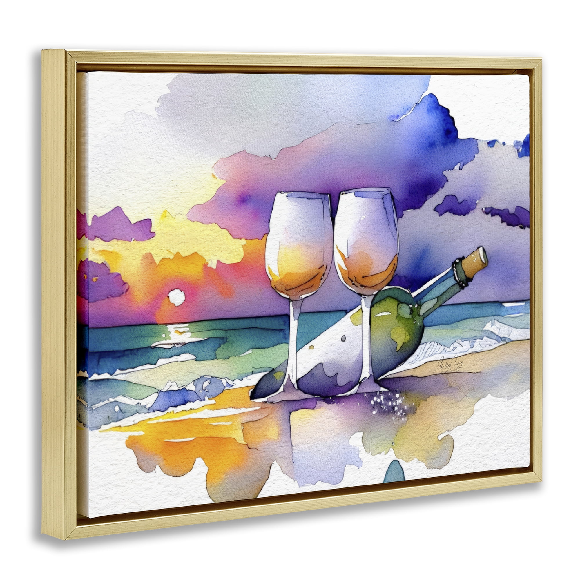 Stupell Industries Coastal Cheers with Wine Gold Framed Floater Canvas Wall Art, design by Shelly Craig