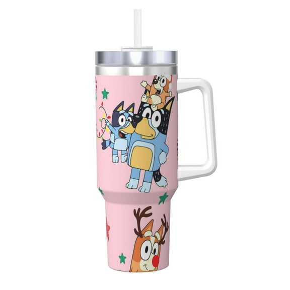 Silaia Bluey Print 40OZ Ice Bully With Handle,40 oz Insulated Tumbler With Lid And Straw,Stainless Steel Tumblers Cup,Portable for Travel, Gym, Home, and Outdoor Activities