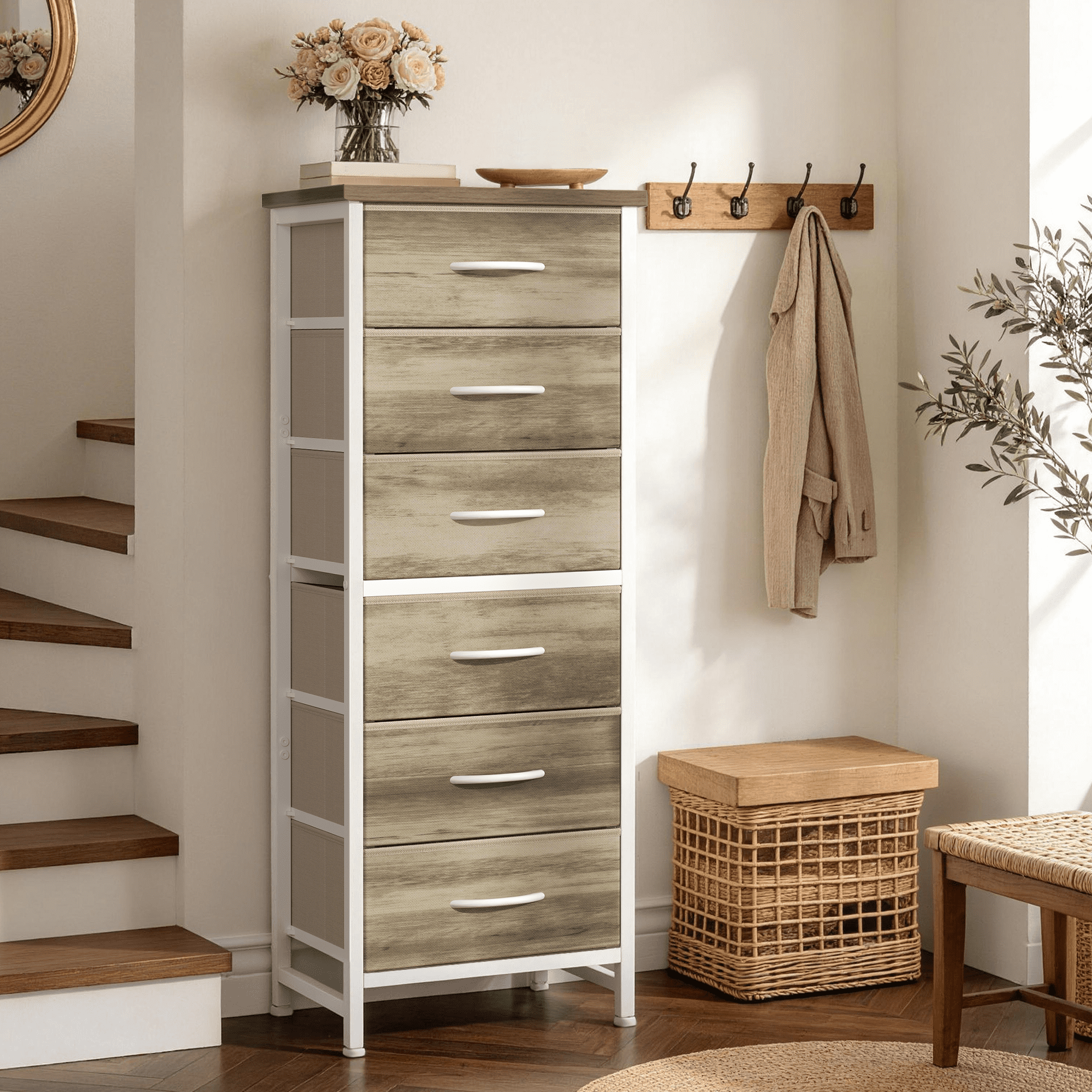 CONCETTA Tall Storage Dresser with 6 Fabric Drawers, Metal Frame with Cross Support Rods, Anti-Tip, Wood Top for Bedrooms, Offices and Compact Spaces, Oak