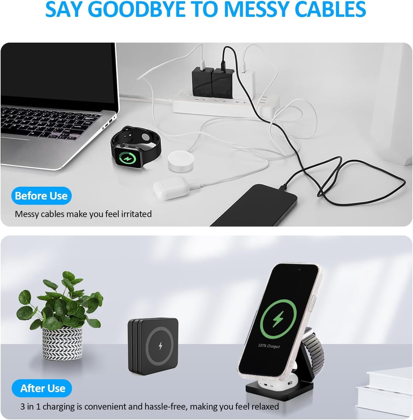 YXELECT 3 in 1 Magnetic Wireless Charger Compatible for iOS Phones/Earbus/Watches,Charging Station for All Smartphones,Smartwatches & Earbuds,Portable Travel for Multiple Devices