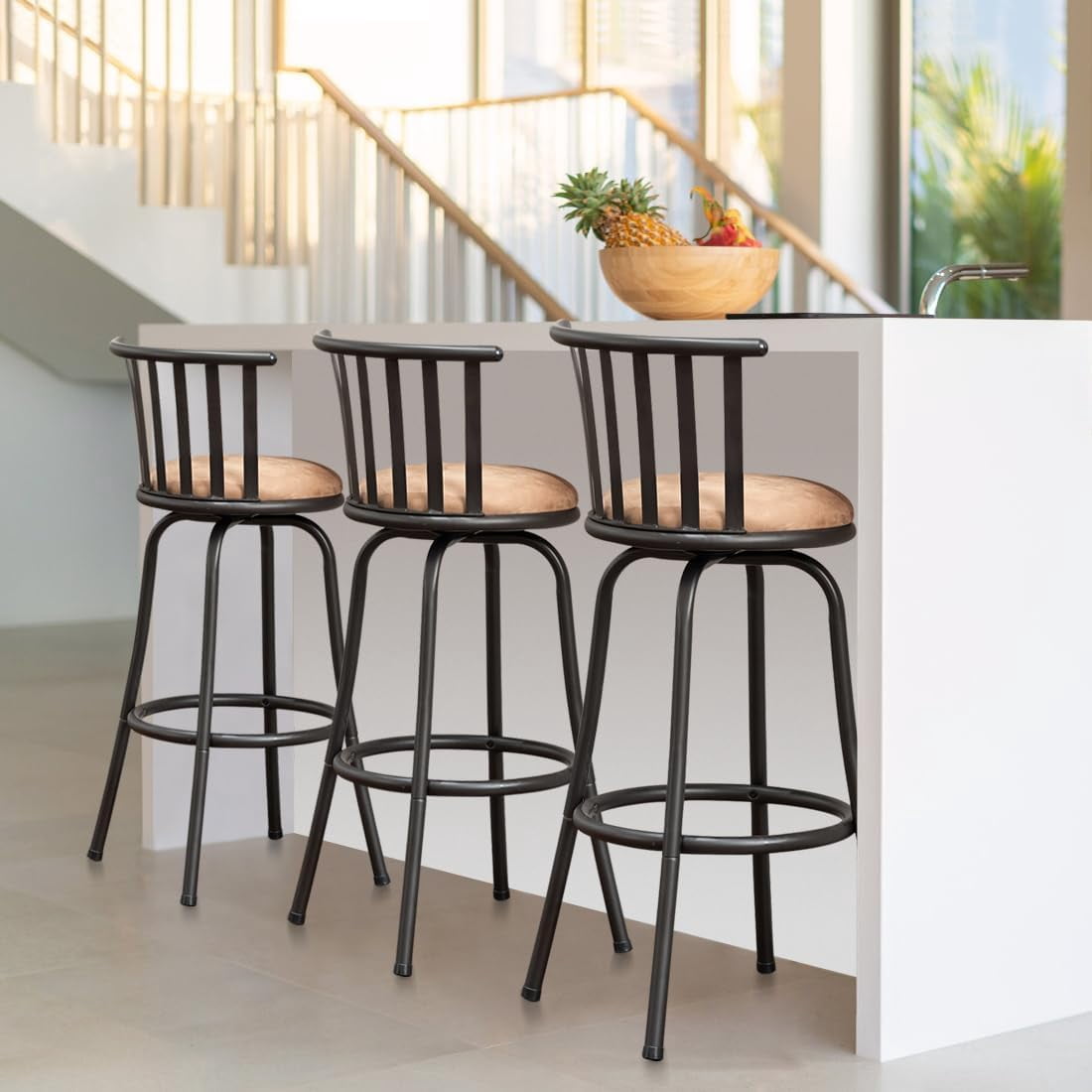 Homy Casa Swivel Bar Stools Set of 3, 29 inch Bar Height Modern BarStool for Home Kitchen Island, Brown