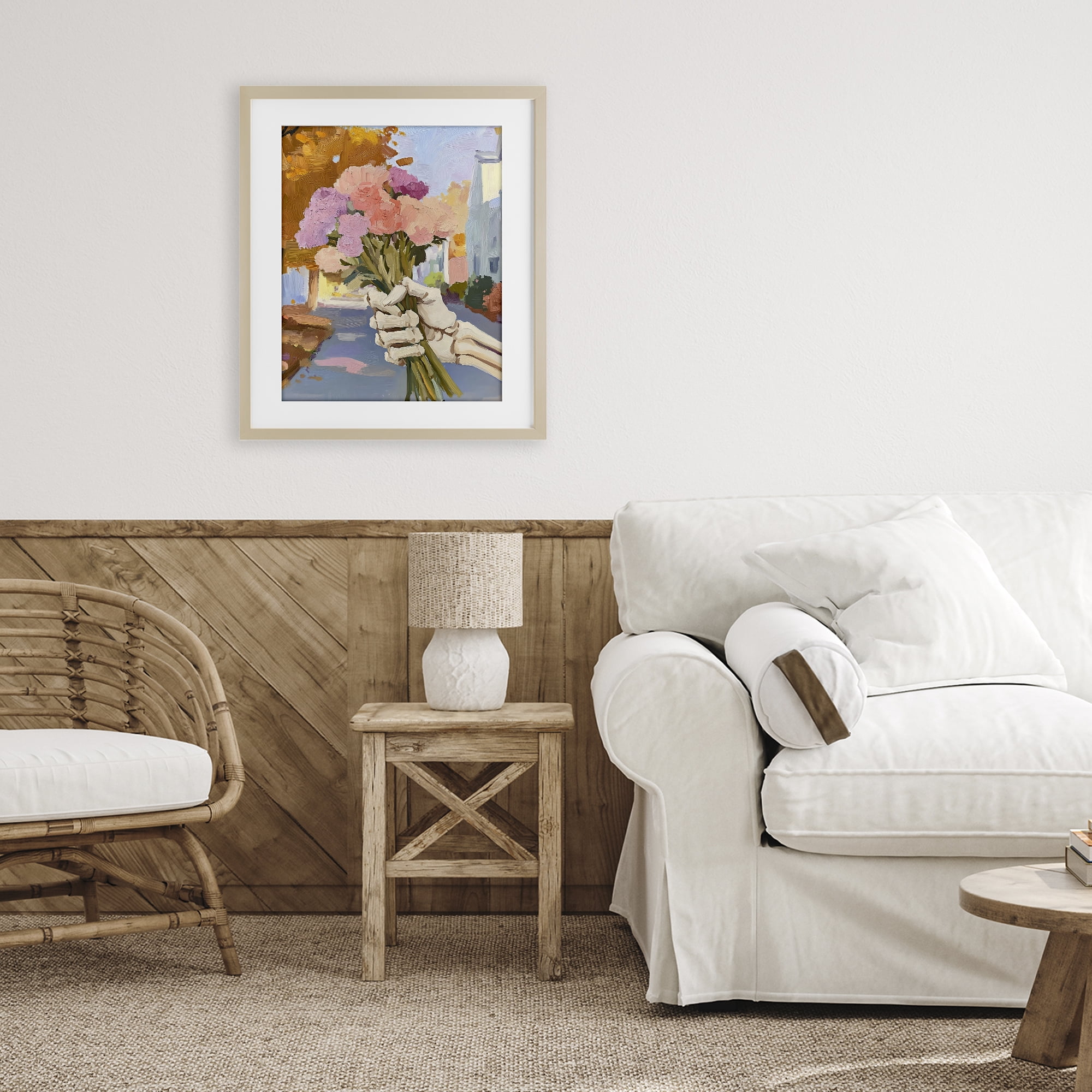 Stupell Industries Skeleton Hand Holding Flowers Birch Framed Print Under Glass, design by The Prints Vibe