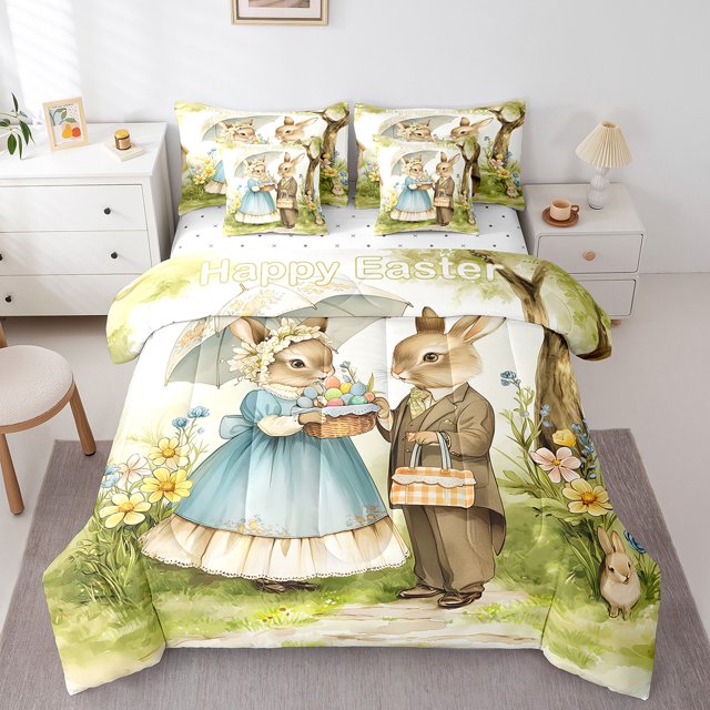 Erosebridal Easter Rabbit Bedding Sets Twin Size,Floral Eggs Comforter Sets with Sheets,Kids Room Decorative,Reversible,7pcs