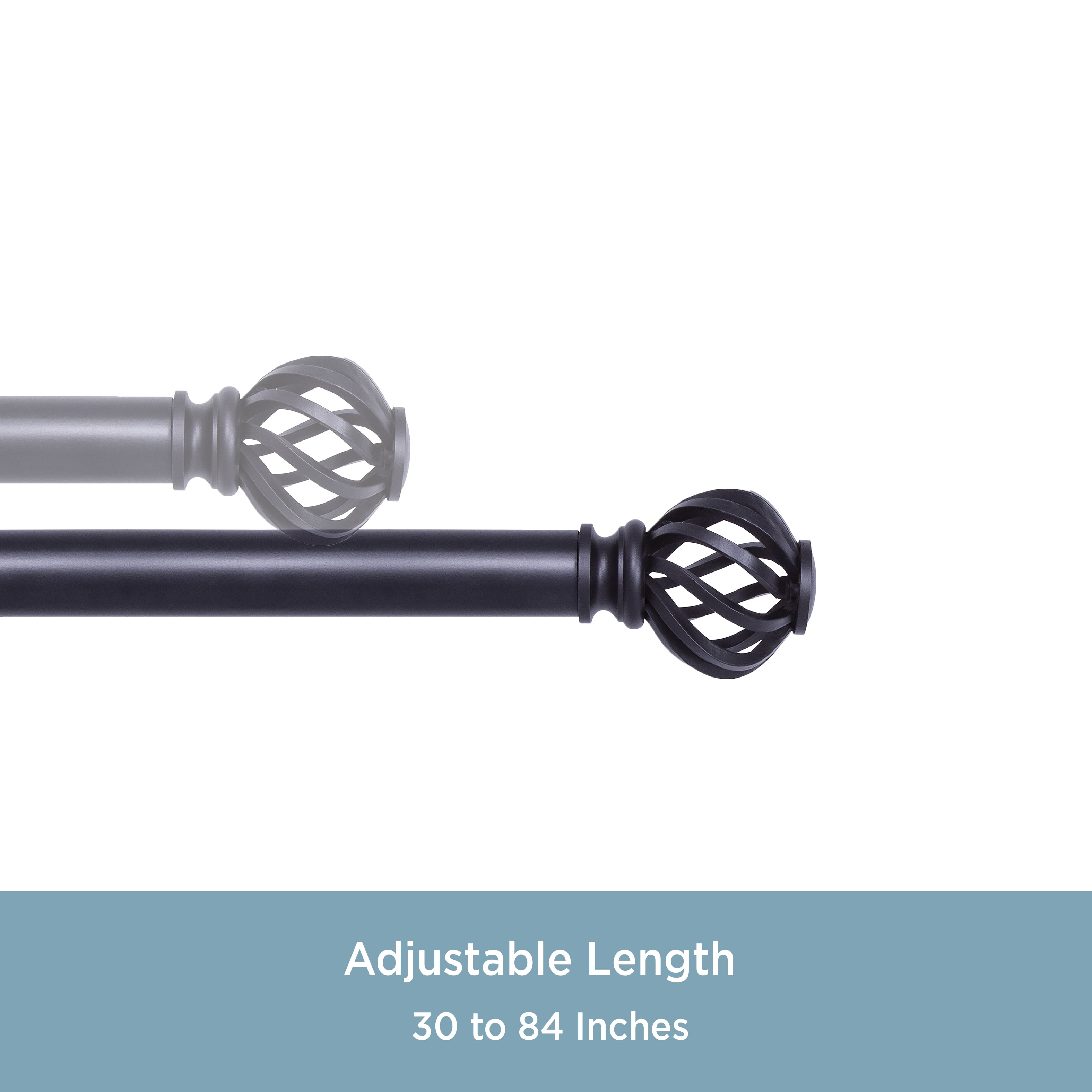 Kenney 1" Diameter Curtain Deco Rod 30" x 84", Modern Single Curtain Rod, Plastic Finial, Cage Style, Black