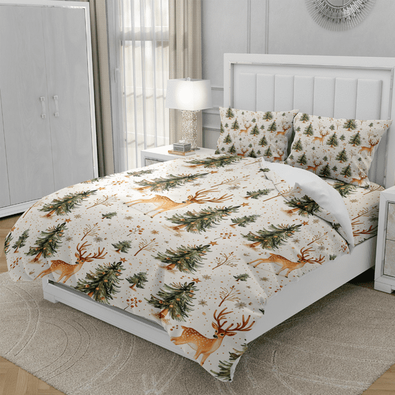 TeasBank 3D Printed Christmas Deer Duvet Cover Twin Size Christmas Trees Comforter Cover Merry Christmas Bedding for Teens Room Decor 1 Quilt Cover with 2 Pillow Cases(No Comforter)
