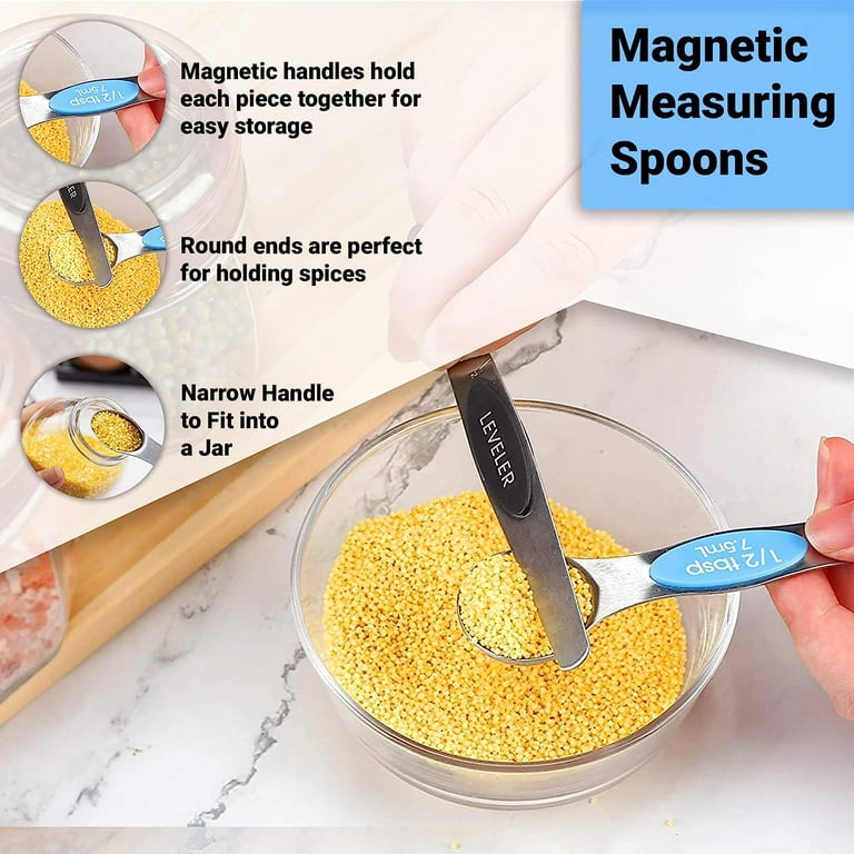 Measuring Cups and Spoons Set Stainless Steel Including 8 Stackable  Measuring Cup 8 Double Sided Magnetic Measuring Spoons with 1 Leveler for  Dry and