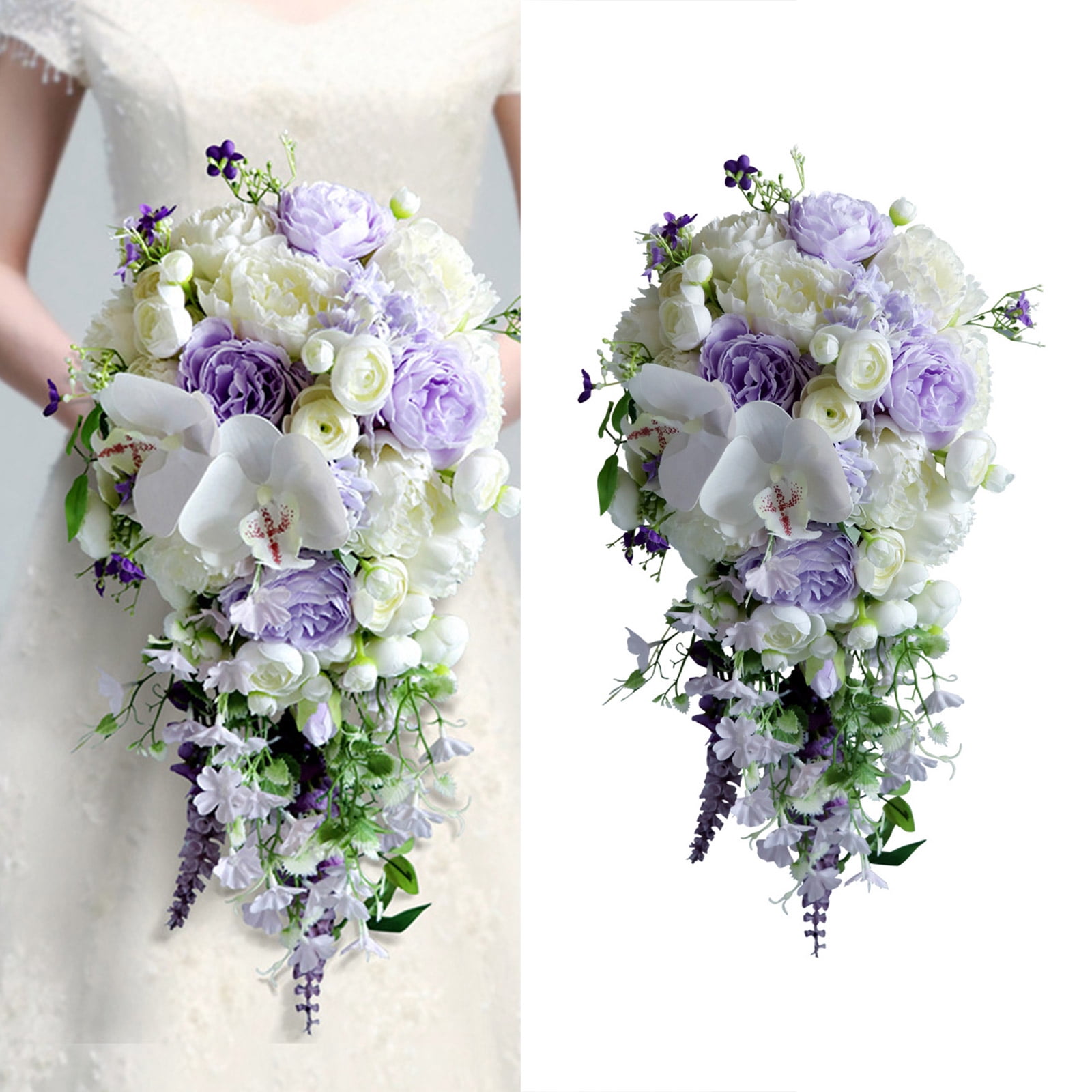 Water Drop Style Bridal Bouquet European Wedding Artificial White Purple Flower Lavender Waterfalls Holding Flowers