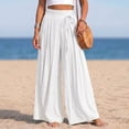 thumbnail image 2 of Yyeselk Women Cotton Linen Wide Leg Pants Flowy Pleated Palazzo Baggy Slacks Stretch High Waisted Side Drawstring Casual Trousers for Beach Vacation Travel White S, 2 of 6