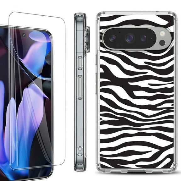 For Google Pixel 9 Pro XL Phone Case Cover, Shockproof Bumper Case with Tempered Glass Screen Protector, by OneToughShield - Zebra B/W