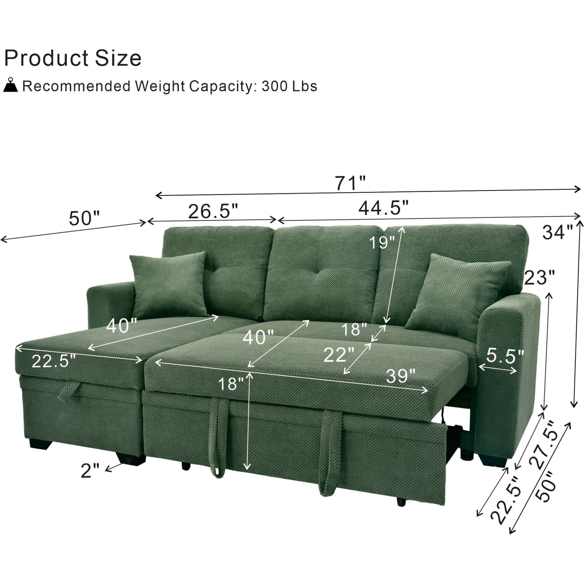 Leumius L Shaped Sectional Sofa with Pull Out Bed and Storage Chaise, 3 Seater Sectional Couch Convertible Sofa Bed for Small Space, Apartment & Guest Room, Dark Green