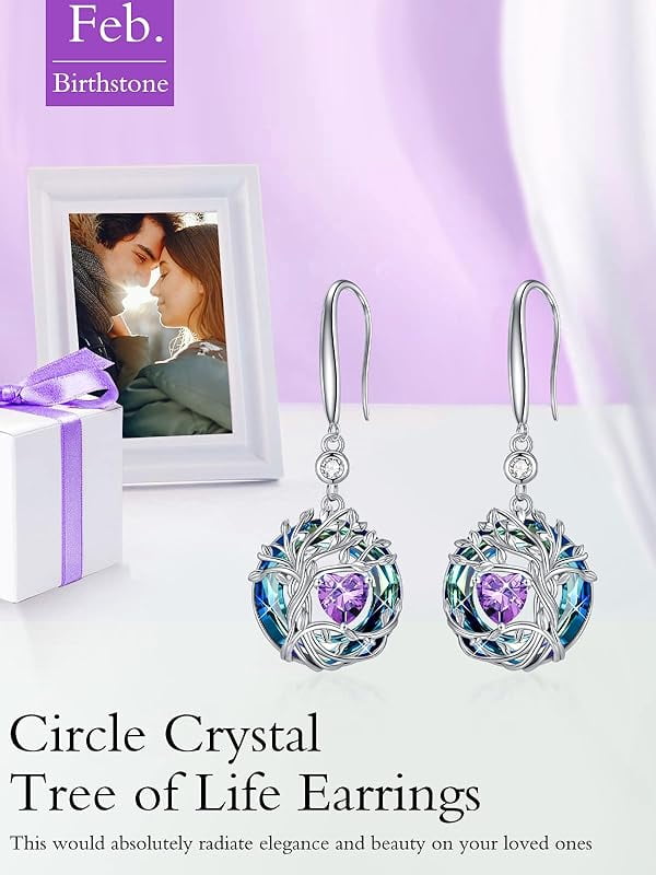JKR Tree of Life Birthstone Earrings for Women 925 Sterling Silver Family Tree Dangle Earrings Austrian Crystal Jewelry Birthday Gifts for Her Girlfriend Wife Mom