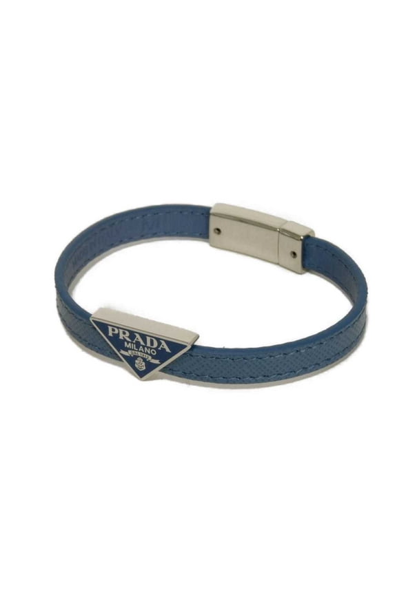 Pre-Owned Prada Saffiano Bracelet, Size M, Enamel Blue, Silver Triangle Logo, Avio 2IB289 053...