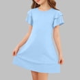 thumbnail image 2 of Fesfesfes Girls' Summer Solid Color Short Sleeve Crew Neck Elastic Waist Dress Casual Comfortable Dress for Kids A-line Ruffle Sleeve Casual Dress 5-15 Years, 2 of 6