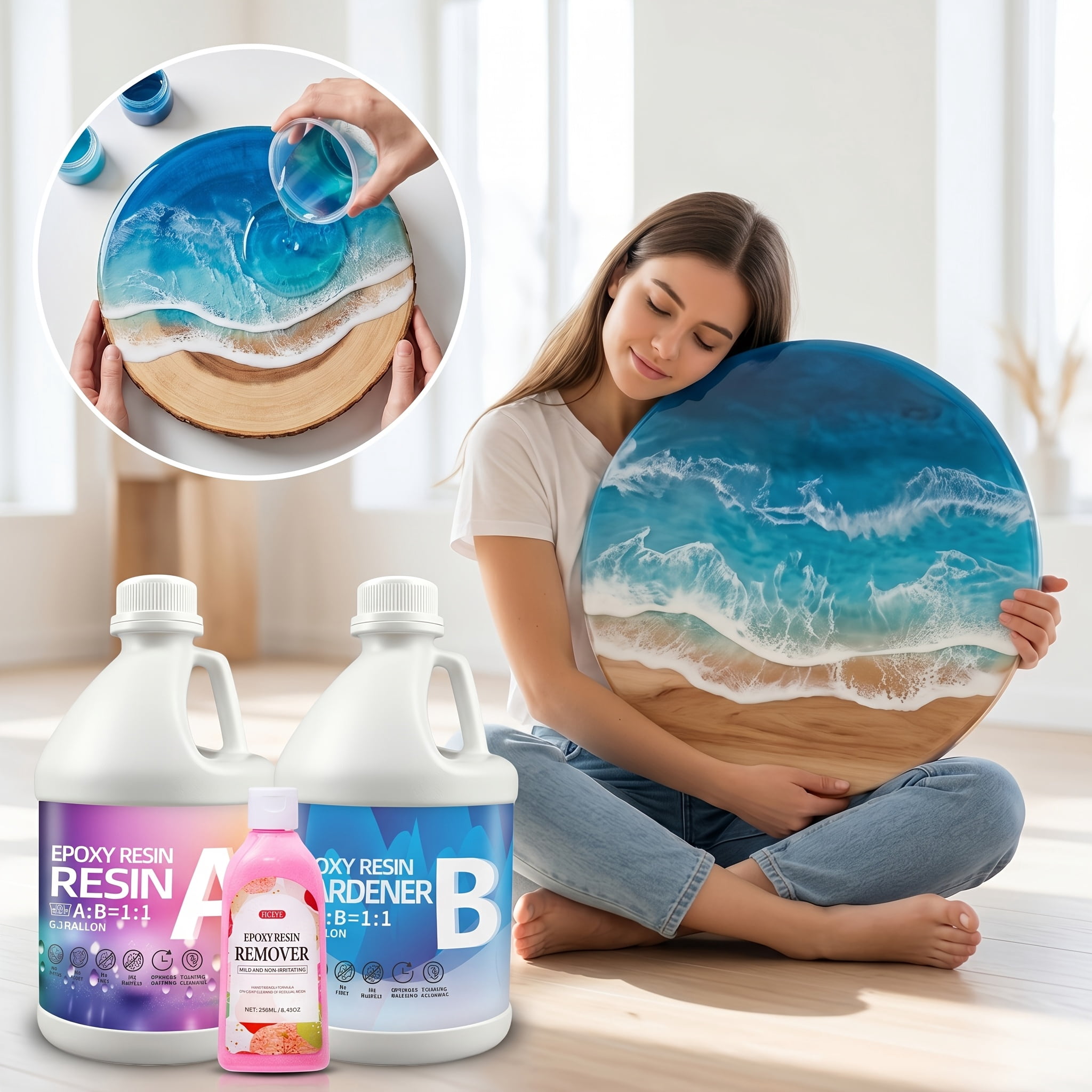 Epoxy Resin Kit 1GAL with 250ml remover and Tools, 1:1 Mixing Ratio, Bubble Free & Anti-Yellowing - High Gloss Casting & Coating Resin for Jewelry, River Tables, Bar Top, Countertops & Wood