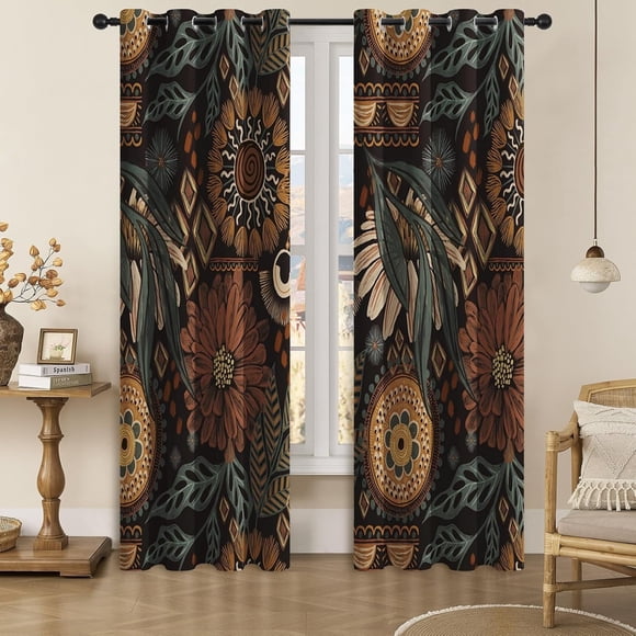 Boho Flower Blackout Curtains for Bedroom Windows, Plant Leaves Print Curtains for Living Room, Vintage Bohemian Dining Room Curtain Draperies 2 Panel Sets, 52" X 84"