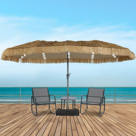 Autlaycil 5 Pcs Patio Outdoor Furniture Sets Contains 2 Textilene Fabric Rocking Bistro Chairs, Table, 15 ft Solar Patio Tiki Umbrella with Umbrella Base and Sand Bags