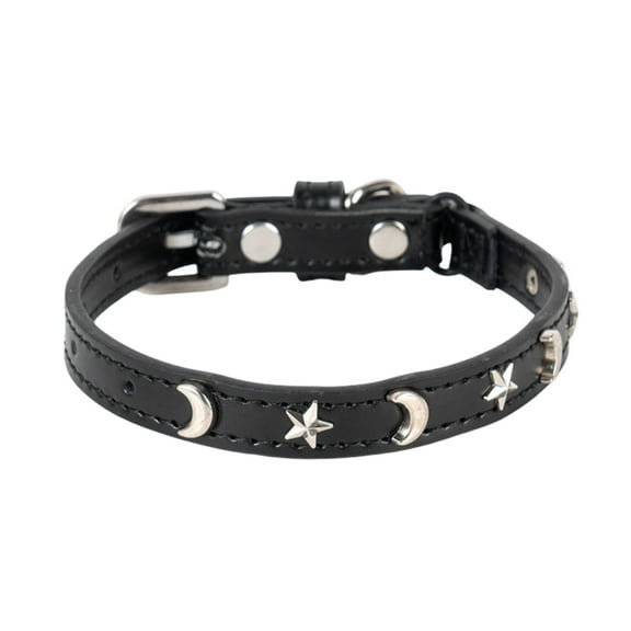 Leather Cat Collars for Boy Girl Cats with Bell and Safety Elastic Belt, Personalized Star and Moon Stud Adjustable Safe Buckle Collar for Kitty Small Big Cats Size 8-12 Inch,