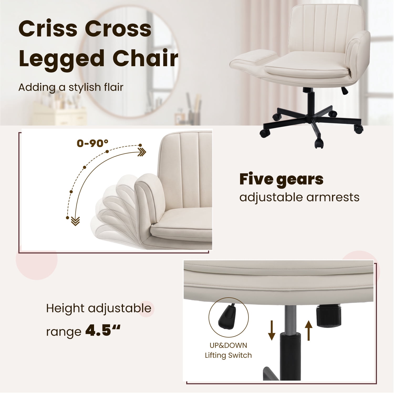Waleaf Criss Cross Chair with Wheels & Armrests, Criss Cross Office Swivel Chair, PU Leather Vanity Chair with Back, Beige Comfortable Adjustable Vanity Desk Chairs for Home Office and Bedroom