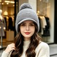thumbnail image 5 of Fleece Beanie Hats with Earflaps Visor Brim Winter Knit Ski Cap Winter Hats for Women Pom Pom Ball Gray One Size, 5 of 5