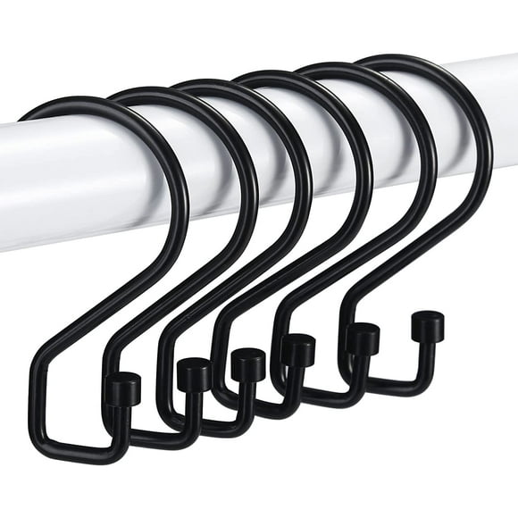 ShenMo 6 black shower curtain hooks, S-shaped shower curtain rings, multifunctional shower curtain hooks for shower curtains, kitchen utensils, clothing, towels