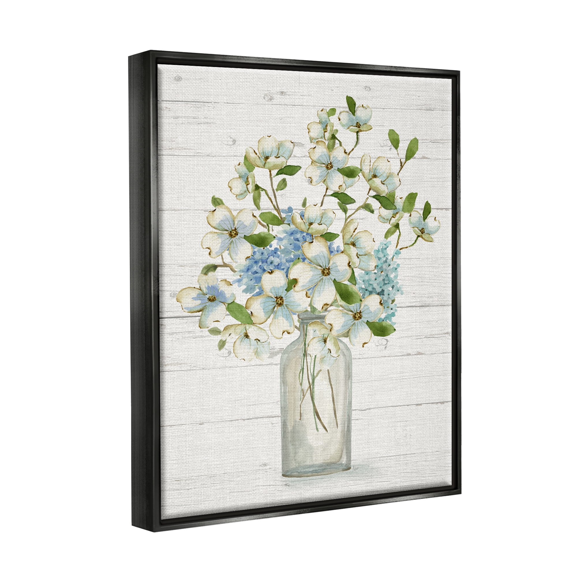 Stupell Industries Rustic Planked Dogwood Bouquet Botanical & Floral Painting Black Floater Framed Canvas Art Print Wall Art, 25 x 31