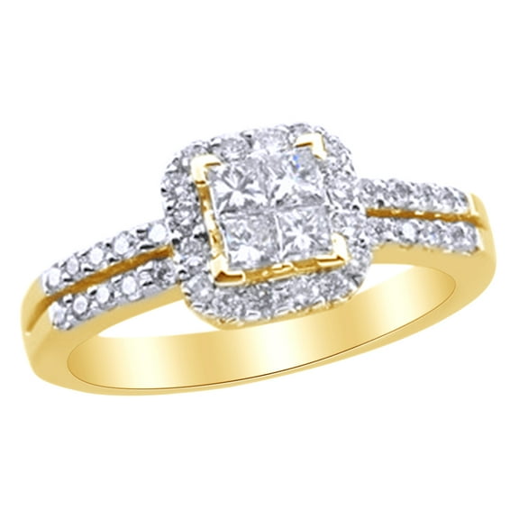 AFFY White Natural Diamond Engagement Square Cluster Ring in 14k Yellow Gold (0.75 Cttw) Ring Size : 4