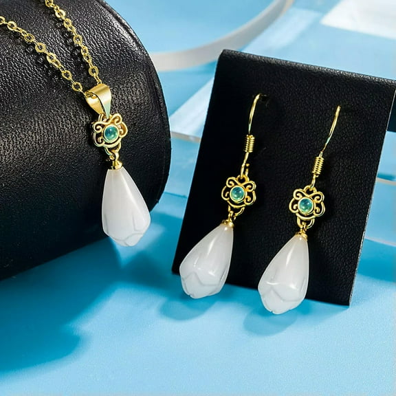 GKNET 24K Gold Plated White Jade Pendant Necklace Earrings Sets Womens Retro Jewelry