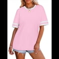 thumbnail image 3 of Camisetas de Mujer, Corte Holgado, Corta, Cuello Redondo, Bloques de Color, Moda de Verano 2025 Rosa XXL, 3 of 8