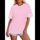 thumbnail image 3 of Camisetas de Mujer, Corte Holgado, Corta, Cuello Redondo, Bloques de Color, Moda de Verano 2025 Rosa XXL, 3 of 8