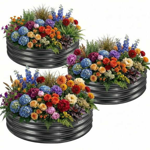 3Pack 4x4x1 ft Round Galvanized Raised Garden Bed Kit Metal Flower Box Large Planter Raised Beds Outdoor for Planting,Fruit,Herb-Grey