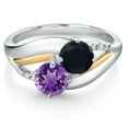 thumbnail image 2 of Gem Stone King 925 Sterling Silver and 10K Yellow Gold Purple Amethyst Black Onyx and Lab Grown Diamond 2 Stone Engagement Ring for Women (0.99 Cttw, Round 5MM, February Birthstone, Size 7), 2 of 4