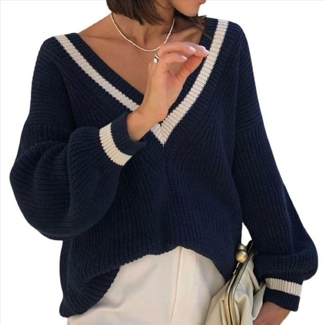 Suéteres de Cuello en V para Mujer, Jerseys de Punto Ligeros de Larga, Tops Azul Real Oscuro L