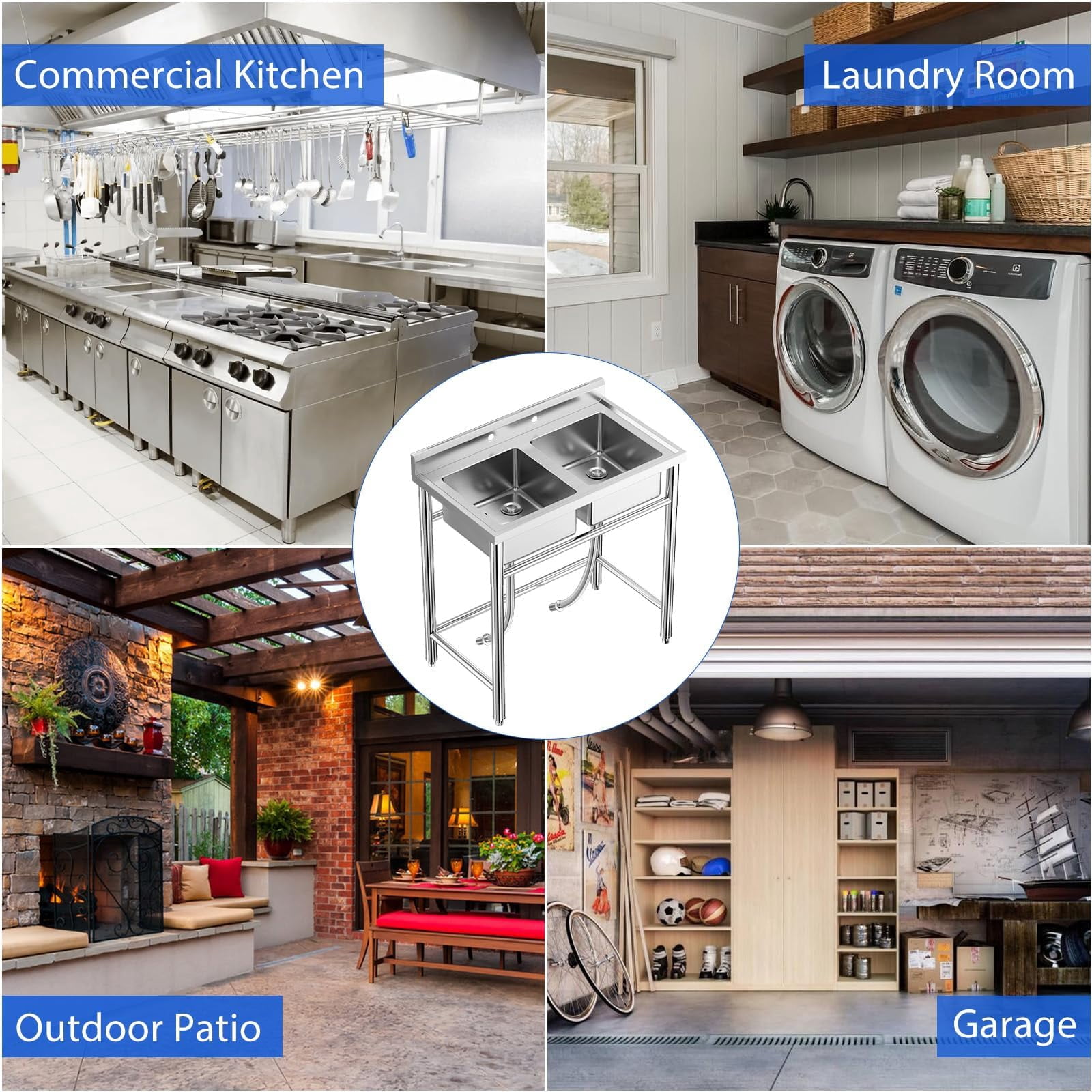 Yeshouse Stainless Steel Utility Sink, Commercial Restaurant Freestanding Double Bowl Laundry Sink, NSF Certificated, Outdoor Camping Stainless Steel Sink Set for Garage, Restaurant, Backyard (36in)